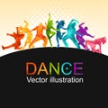 Detailed vector illustration silhouettes of expressive dance colorful group of people dancing. Jazz funk, hip-hop, house. Dancer m